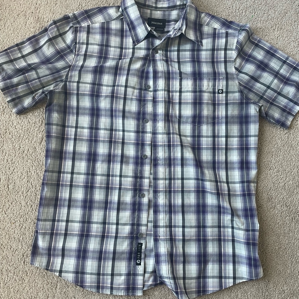 Marmot Men's Purple and White Plaid Button Down Shirt